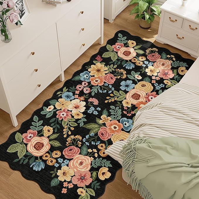 DUKINO 3x6 Washable Runner Rug, Soft Indoor Floral Non Slip Runner Rug for Hallways, Lightweight & Low Pile Floor Carpet for Kitchen, Entryway, Hallway, Bathroom, Laundry, Bedroom, Black
