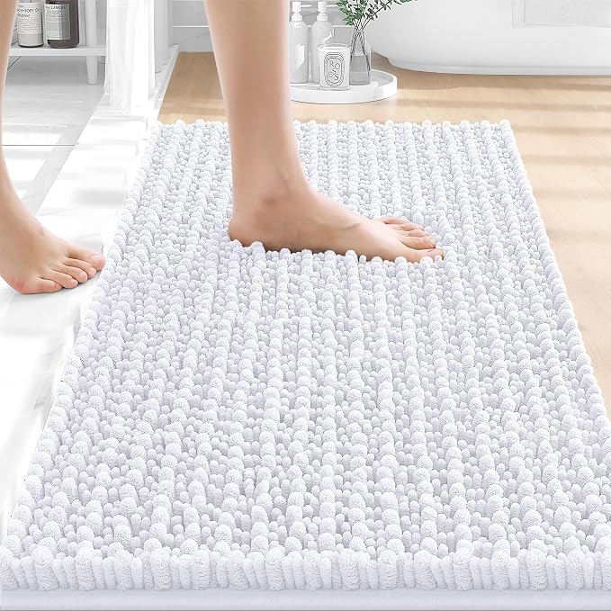 OLANLY Bathroom Rug Mat 24x16, Thick Soft and Absorbent Chenille Bath Mat, Non-Slip Rubber Backing, Machine Washable Quick Dry Bath Rugs for Tub Shower Floor, Home Decor Accessories, White