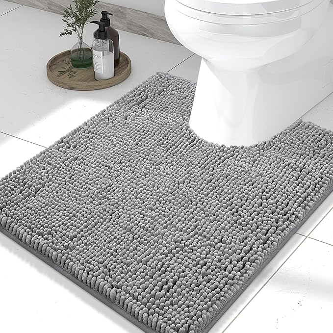 Smiry Luxury Chenille Toilet Rugs U-Shaped 24x20, Soft Absorbent Non-Slip Contour Bathroom Rugs for Toilet, Machine Washable Contoured Bath Mats, Grey