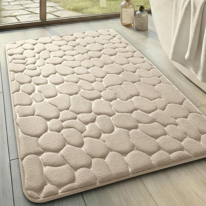 YIHOUSE Memory Foam Bath Mat Cobblestone Bathroom Rugs Super Water Absorbent Bath Mats for Bathroom Machine Washable Bath Rugs(24 x 36,Khaki)
