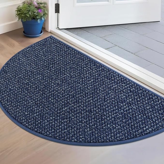 BEQHAUSE Dirt Trapper Door Mat 17" x 30" Half Circle Non Slip Washable Doormats Entrance Rugs Absorbent Welcome Low Profile Floor Mats for Front Back Door and Entryway, Blue