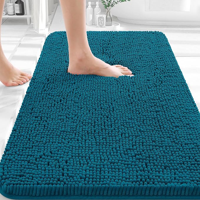 OLANLY Bathroom Rugs 30x18, Extra Soft Absorbent Chenille Bath Rugs, Rubber Backing Quick Dry, Machine Washable Bath Mats for Bathroom Floor, Tub and Shower, Home Decor Accessories, Peacock Blue