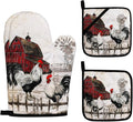 Rooster Print Oven Mitts and Pot Holders Sets of 4 Rustic Chicken Kitchen Mitts Potholders Heat Resistant Farmhouse Cute Oven Gloves Hot Pads for Chicken Kitchen Decor