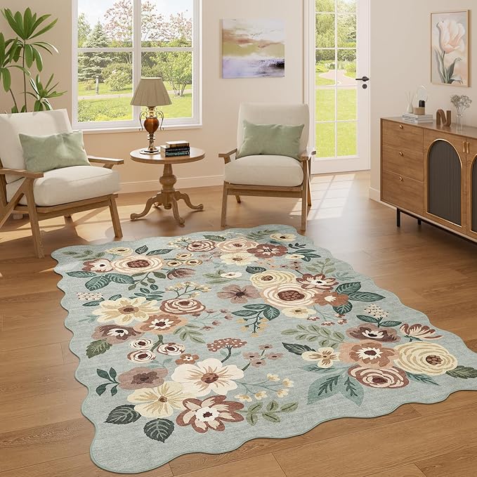 DUKINO 4x6 Area Rug, Floral Non-Slip Indoor Washable Rug with Low Pile & Non-Shedding, Lightwight Boho Design Carpet for Entryway, Bedroom, Kids Room, Living Room, Kitchen, Sage Green
