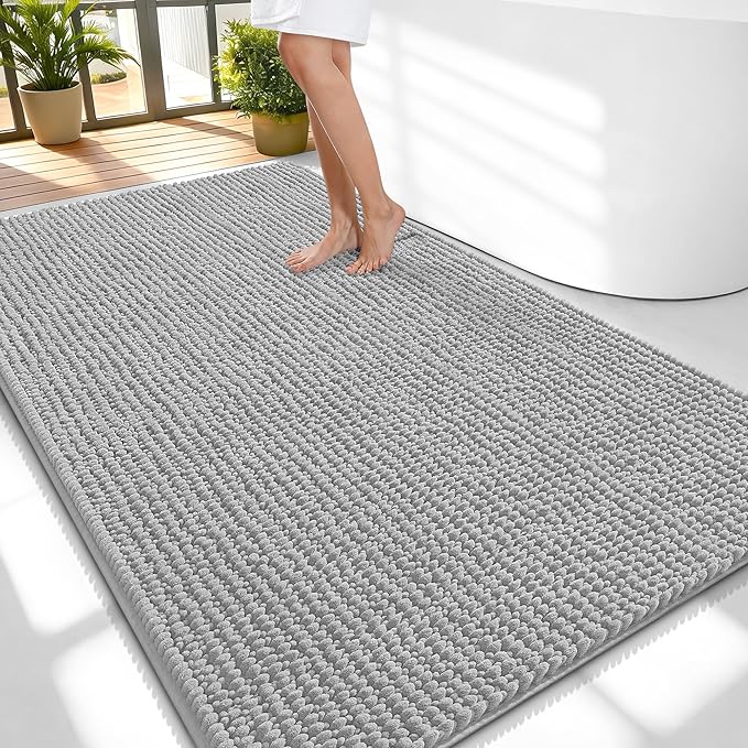 OLANLY Thick Large Bathroom Rugs 59x35, Extra Soft Absorbent Chenille Bath Rugs, Rubber Backing, Machine Wash Dry, Bath Mats for Bathroom Floor, Tub and Shower, Home Decor Accessories, Light Grey