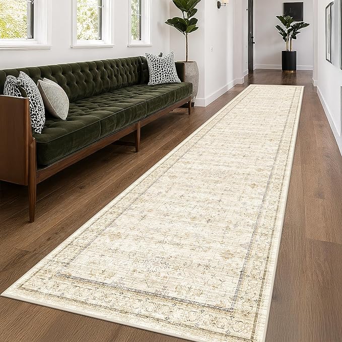 Light Beige 3x16 Long Hallway Runner Rug, Non Slip Farmhouse Kitchen Rugs, Geometric Floral Modern Entryway Floor Mats, Washable Non-Slip Stain Resistant Low Pile Throw Rug Indoor Door Mat