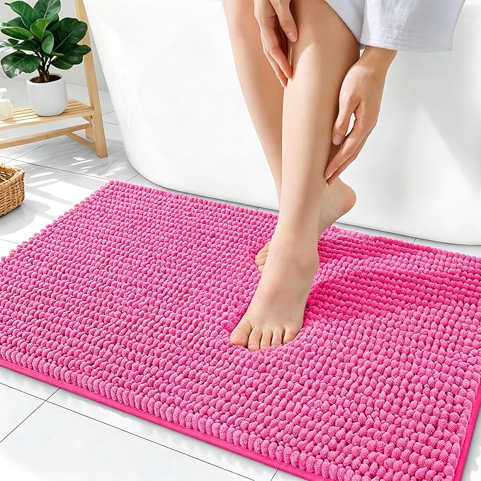 OLANLY Thick Bathroom Rugs 36x24, Extra Soft Absorbent Chenille Bath Rugs, Rubber Backing, Machine Wash Dry, Bath Mats for Bathroom Floor, Tub and Shower, Home Decor Accessories, Hot Pink