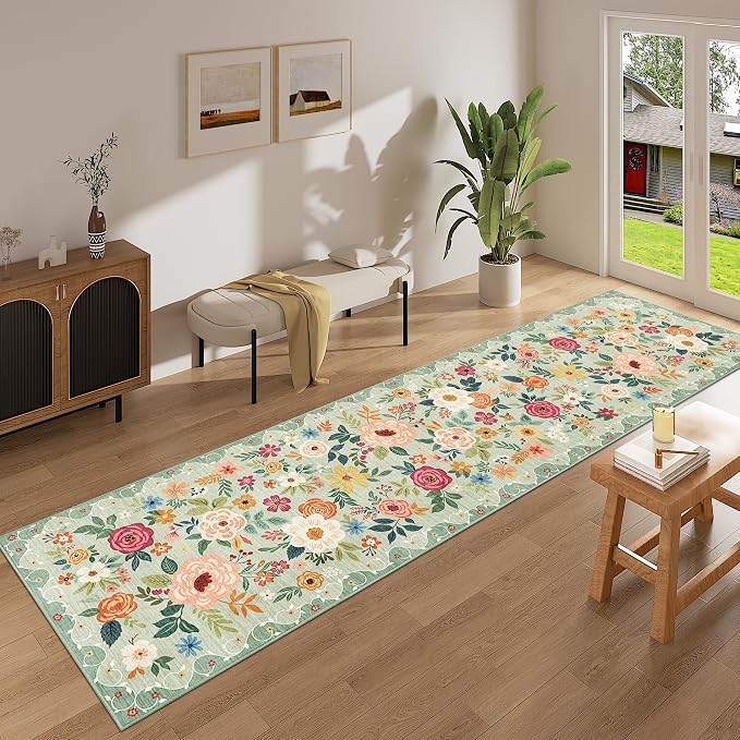 DUKINO Runner Rug for Hallway, 2.6x10 Washable Floral Long Kitchen Rug with Non Slip Backing, Boho Lightweight & Stain Resistant Soft Runners for Indoor Entrance, Laundry, Living Room, Bedroom, Green
