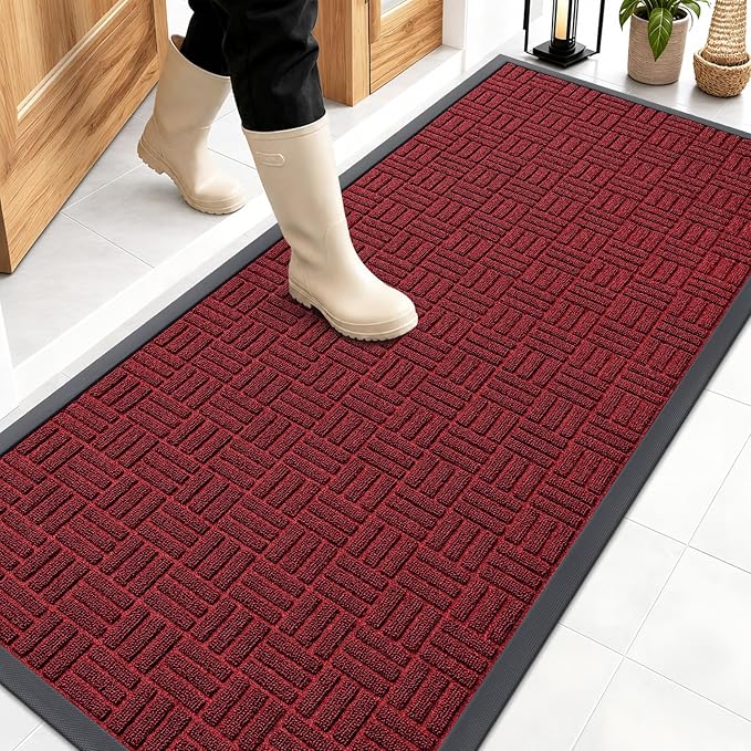 OLANLY Front Door Mat Outside Entrance 59x23, Absorbent, Heavy Duty Sturdy Natural Rubber Doormat Indoor Outdoor, Non-Slip, Stain and Fade Resistant, Low Profile Floor Mat for Entryway, Black Red