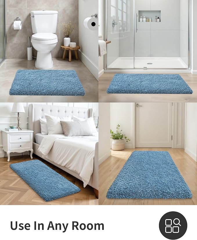 ILANGO Blue Bathroom Rugs 48" × 24" Non Slip & Super Absorbent Extra Thick Soft, Washable Bath Mat for Floor, Microfiber Plush Shaggy Bath Rug with Rubber for Bathtub Shower Room Sink