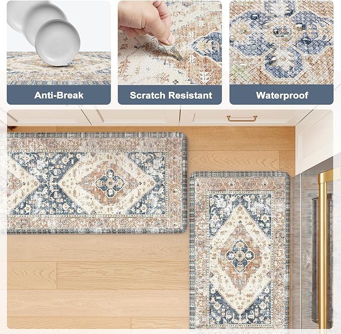 KIMODE Kitchen Rugs and Mats 2PCS Cushioned Anti Fatigue Kitchen Mat Non Slip Paded Kitchen Runner Rug Boho Vintage Mats Blue Gold Rugs for Kitchen Floor, Home Decor, Office, Laundry, Desk, Bathroom