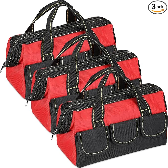 Sanwuta 3 Pack Tool Bag for Men with Waterproof Hard Bottom, Heavy Duty Tool Bag Wide Mouth Tote for Various Instrument, Electrician Carpenter Mechanic(Red,16 Inch,Classic)