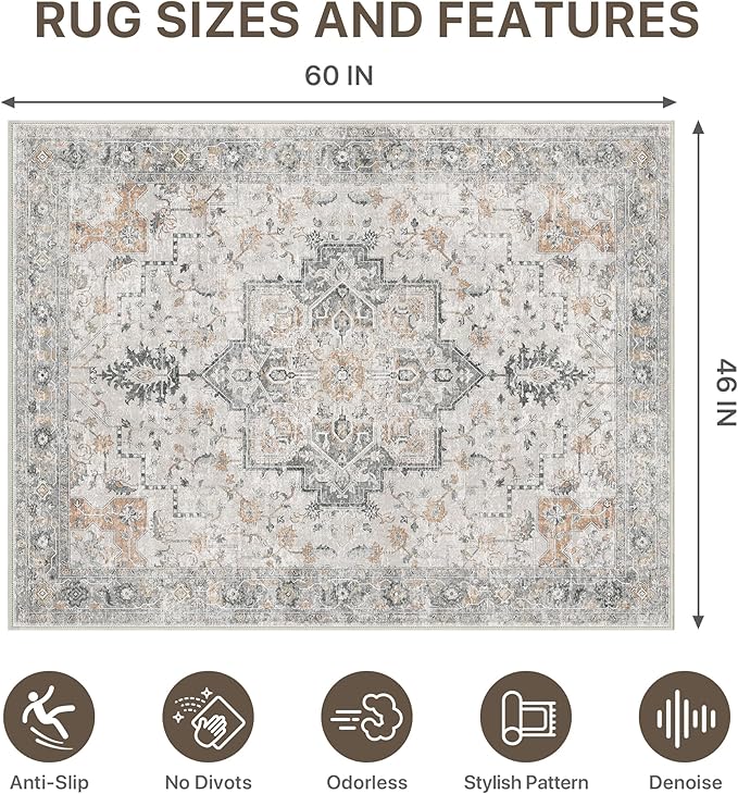 46"x60" Office Chair Mat for Hardwood Tile Floor, Under Desk Carpet Protector for Rolling Computer Chair Mat, Machine Washable Area Rug, Anti-Slip 1/5" Thick Low Pile Thin Vinyl Floor Mat, Taupe