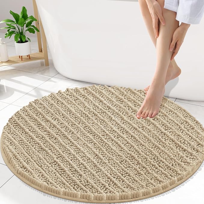 Smiry Bathroom Rugs Mat Round 30x30, Soft Absorbent Chenille Bath Rugs, Non Slip Rubber Backing Machine Washable Quick Dry Bath Mats for Bathroom Floor, Tub, Shower, Home Accessories, Beige