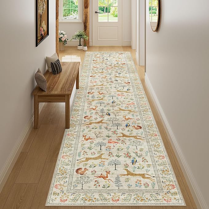 DUKINO 2.6x12 Hallway Runner Rug, Vintage Washable Long Kitchen Rug with Non Slip Backing, Stain Resistant & Low Pile Animal Print Floor Carpet for Indoor Entrance Bathroom, Laundry, Bedroom, Beige