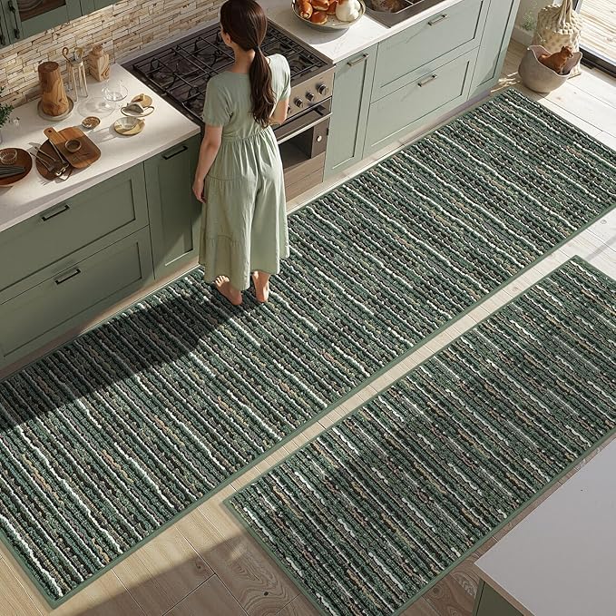 Kitchen Rugs Sets of 2-Non Slip Kitchen Mats for Floor-Thick Stain Resistant Vintage Kitchen Floor Mat Runner Carpet for Hallways Entryway Laundry Room Washable（Green 24"x79"+20"x47"）
