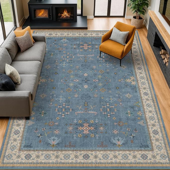 Hazo Haus Boho 8x12 Large Area Rugs for Living Room - Eclectic Dusky Blue Rug for Bedroom Under Bed, Dining Room Under Kitchen Table, Washable Soft Non Slip Unique Colorful Indoor Décor