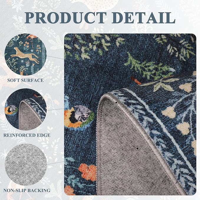 DUKINO 6x9 Rug, Washable Animal Living Room Rug with Non Slip Vintage Design, Soft Low Pile Large Carpet for Bedroom, Nursery, Dining Room, Farmhouse, Playroom, Blue