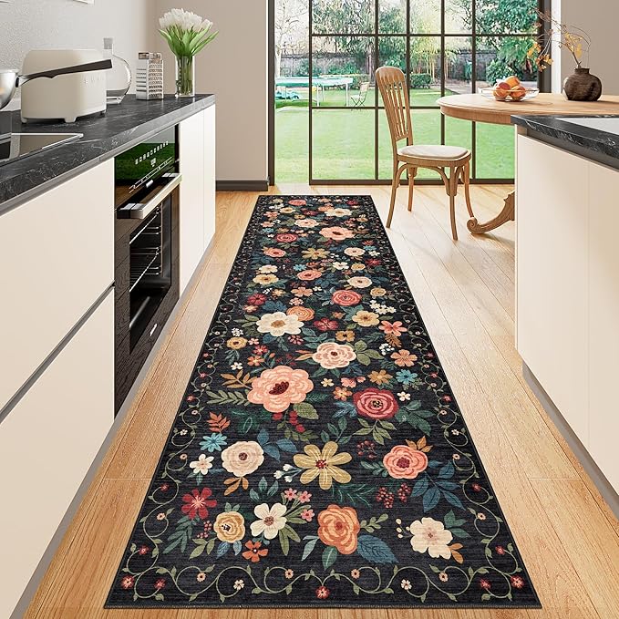 DUKINO Runner Rug, 2x10 Kitchen Runner Rug for Hallway with Non Slip Backing, Washable Low Pile Soft Boho Floral Carpet for Kitchen, Entryway, Hallway, Laundry, Bedroom, Black