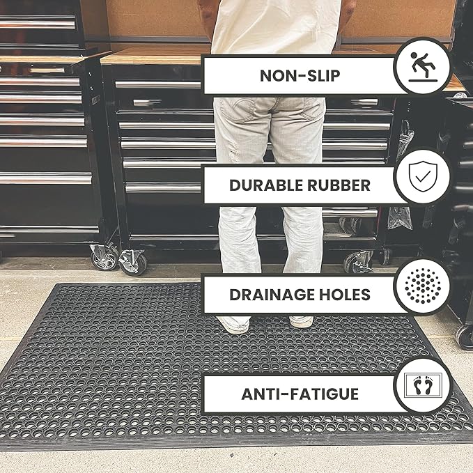 Envelor 2 Pack Anti Fatigue Mats for Kitchen Floor, Rubber Bar Mats, Non Slip Commercial Floor Mat with Drainage Holes, Indoor Outdoor Rubber Mat for Restaurant, Garage, Entryway 36 x 60 in