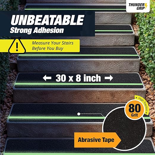 Glow in the Dark 30" x 8" - 12-Pack Outdoor Stair Treads Non-Slip Weather Resistant - Anti Slip Tape for Exterior Wooden Steps - Grip Tape for Stairs Waterproof 80-Grit Adhesive Treads by Thunder Grip