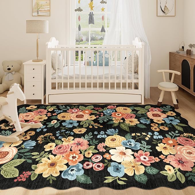 DUKINO 6x9 Area Rug, Floral Washable Rugs for Living Room with Non Slip Backing & Non-Shedding, Lightwight Low Pile Boho Design Large Carpets for Bedroom, Living Room, Dining Room, Black