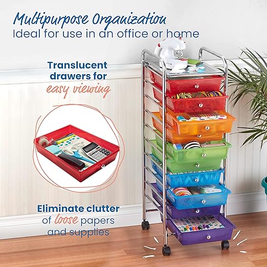 ECR4Kids 10-Drawer Everyday Mobile Storage Utility Cart, Craft Organizer, Assorted