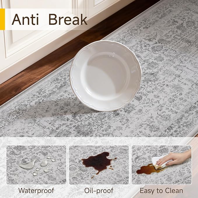 PureCozy Kitchen Mats 2PCS Anti Fatigue Cushioned Mat Black Vintage Kitchen Mats for Floor Waterproof Non Slip Comfort Standing Retro Floral Rug for Sink Laundry Office 17.3"x47"+17.3"x30"