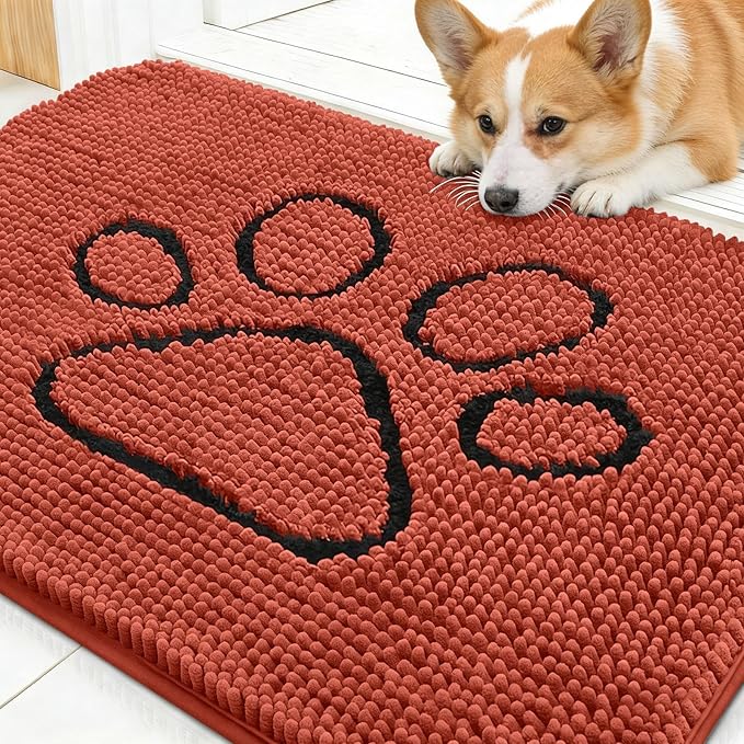 OLANLY Dog Door Mat for Muddy Paws 30x20, Paw Print Design, Absorbs Moisture and Dirt, Absorbent Non-Slip Washable Doormat, Quick Dry Chenille Mud Mat for Dogs, Entry Indoor Entryway Carpet, Maple Red