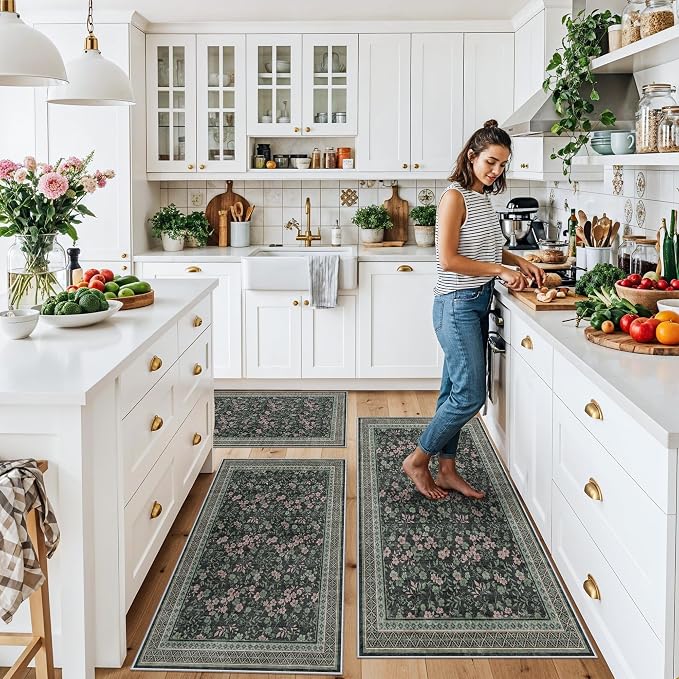 Kitchen Rugs 3 Piece Set, Washable Non-Slip Farmhouse Kitchen Mats for Hardwood Floor, Rustic Floral Boho Runner Rug for Sink,Entryway & Hallway & Bathroom (Dark/Green/Floral,2x3-2x4-2x5)