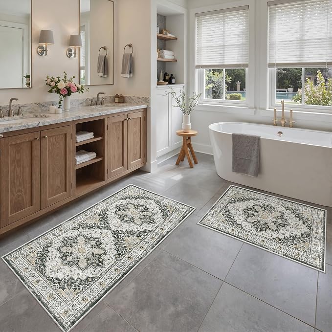 Madane 2-Piece Kitchen Runner Rug Set, Small Area Rug Non-Slip Vintage Door Mat Indoor Entrance, Low Pile Floor Carpet for Inside Front Door Bedroom Entryway Entry Laundry (2x3+2x4, Black)