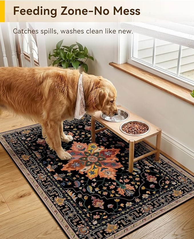 RELEANY Area Rugs Small 2'x3' Washable Non-Slip, Floral Vintage Distress Medallion Carpet for Kitchen Entryway Bathroom, Black Colorful Floral Dark Tan