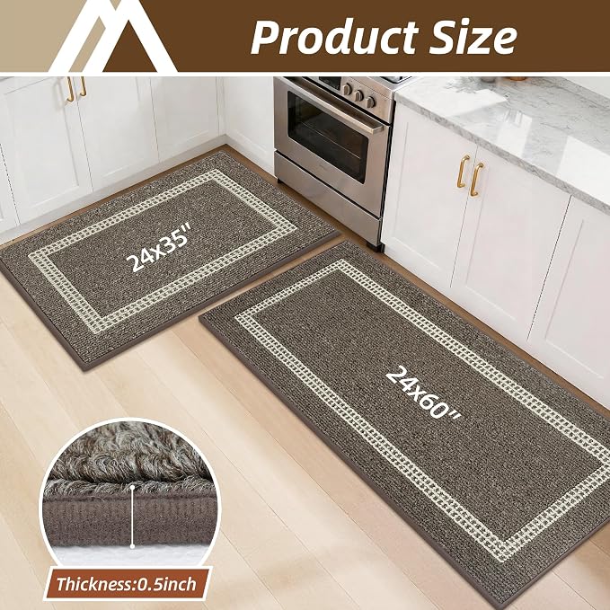 COSY HOMEER Kitchen Rugs Sets 2PCS,Non-Slip Washable Kitchen Mats for Floor,Absorbent and Stain Resistant Kitchen Runner Rugs for Kitchen Sink Laundry Entryway,24"x35"+24"x60",Brown