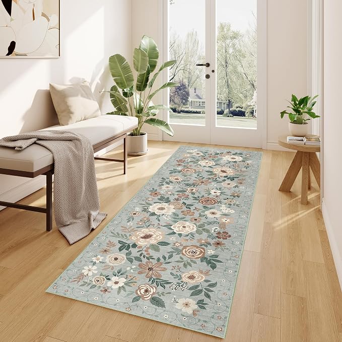DUKINO 2x6 Runner Rug for Hallway, Washable Kitchen Runner Rug with Non Slip Backing, Low Pile Soft Boho Floral Runner for Kitchen, Hallway, Entryway, Laundry, Bedroom, Sage Green