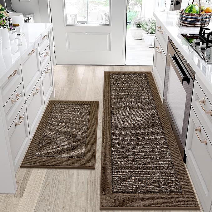 BEQHAUSE Kitchen Rugs and Mats Set of 2 Non-Slip Kitchen Mats for Floor, Absorbent and Stain Resistant Kitchen Runner, Machine Washable Rugs for Kitchen, Laundry & Sink, 24"x36"+24"x60", Brown