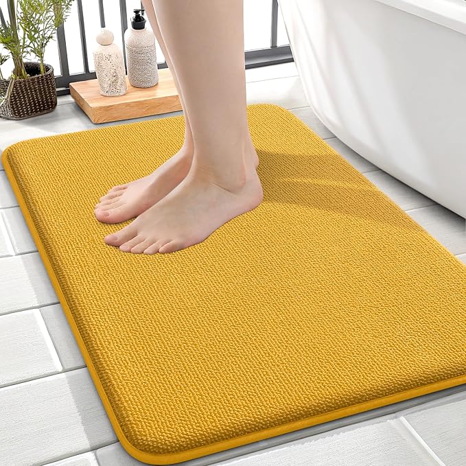 OLANLY Thick Memory Foam Small Bathroom Rugs 24x16, Extra Soft Absorbent Bath Rug, Quick Dry Bath Mats, Non-Slip, Machine Washable Mat for Floor, Tub and Shower, Home Decor Accessories, Golden Yellow