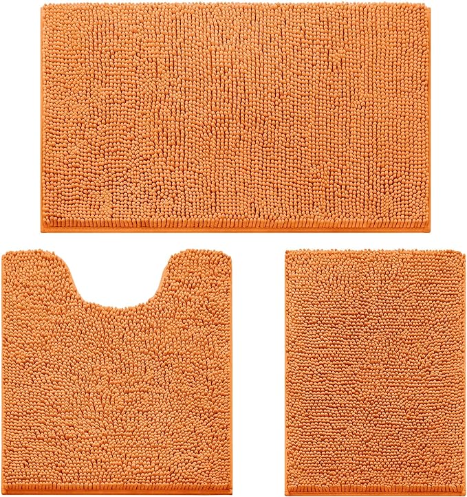 HOMEIDEAS 3 Pieces Bathroom Rugs, Ultra Soft Non Slip Absorbent Chenille Toilet Bath Mat Set (Orange)