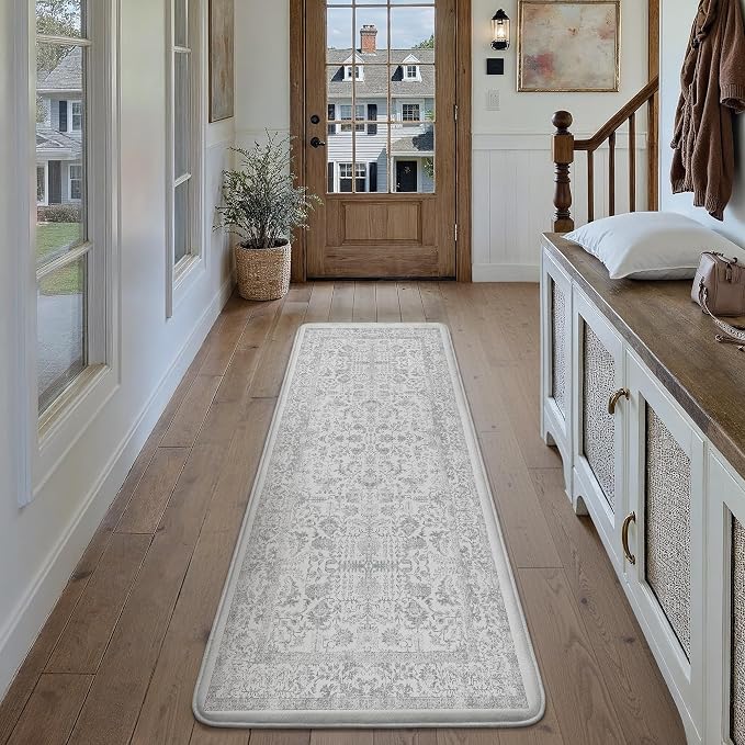 PureCozy Kitchen Mats for Floor Anti Fatigue Cushioned Gray Vintage Kitchen Mats Waterproof Non Slip Comfort Standing Grey Retro Floral Runner Rug for Sink Laundry Office Bathroom 17.3"x59"