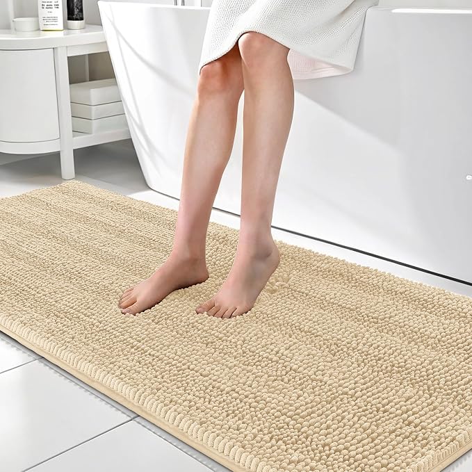 OLANLY Thick Bathroom Runner Rugs 70x24, Absorbent Chenille Striped Bath Rugs, Rubber Backing, Machine Wash Dry, Extra Long Bath Mats for Bathroom Floor, Tub and Shower, Home Decor Accessories, Beige