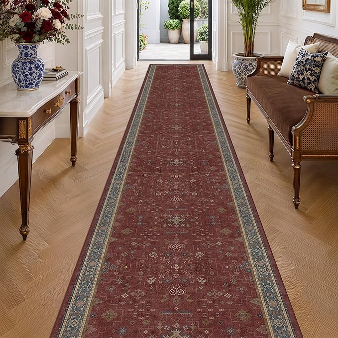 Hazo Haus Burgundy Washable 3x20 Extra Long Hallway Runner Rug, Neutral Boho Large Kitchen Floor Rug Indoor, Non-Slip Stain & Fade Resistant, Vintage Bohemian Red Floral Décor