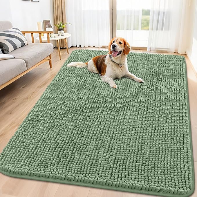 Smiry Dog Door Mat for Muddy Paws 71x46, Absorbent Dirt Trapper, Non-Slip Washable Chenille Entryway Rug for Inside Floor, Olive Green, Classic Solid