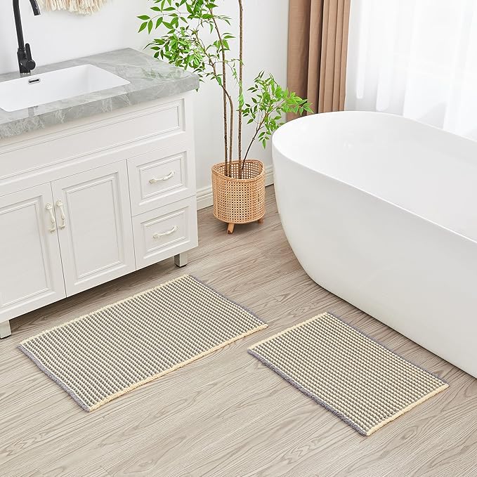 Douceur Waffle Bath mat for Bathroom Floor Non Slip, Super Soft Acrylic Blend Bath Rugs with Tassels, Quick Dry Bathroom Rugs Machine Washable, 20" x 32", Grey&Yellow