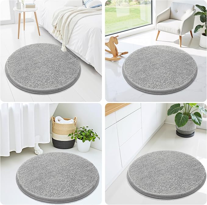 Smiry Luxury Chenille Round 24x24, Extra Soft and Absorbent Shaggy Bathroom Mat Rugs, Machine Washable, Non-Slip Plush Carpet for Tub, Shower, and Bath Room, Light Grey