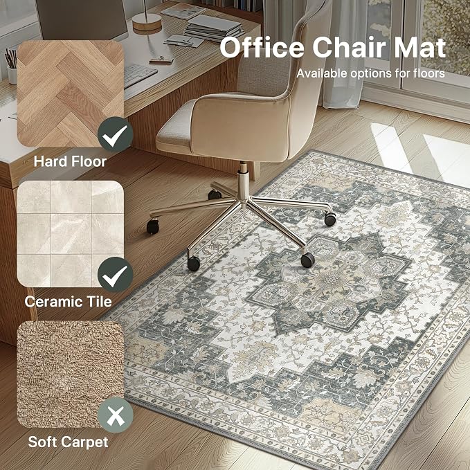 48"x72" Office Chair Mat for Hardwood Tile Floor, Under Desk Carpet Protector for Rolling Computer Chair Mat, Machine Washable Area Rug, Anti-Slip 1/5" Thick Low Pile Thin Vinyl Floor Mat, Grey