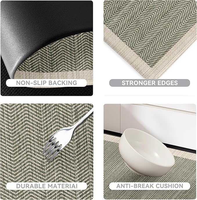 Scalloped Sage Green Vintage Boho Elegance Kitchen Rug Sets [2 PCs], Anti-Fatigue, Waterproof Non-Slip Kitchen Mats Heavy Duty Comfort Foam Rug for Kitchen, Floor, Laundry,17.3"x29"+17.3"x47"