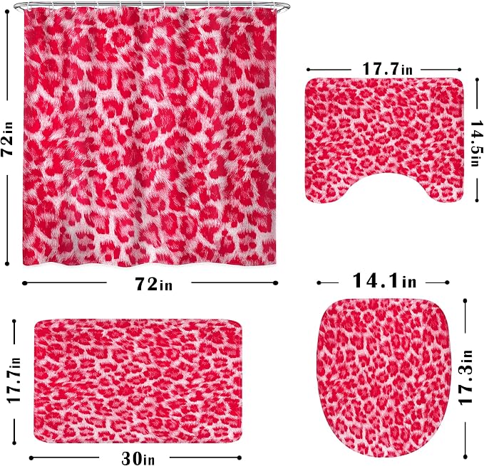 4 PCS Hot Pink Leopard Print Shower Curtain Set 72Wx72H,Toilet Lid Cover,Non-Slip Rugs and U-Shaped Mat,Wild Safari Cheetah Bathroom Sets with Rugs with 12 Hooks for Bathroom Decor
