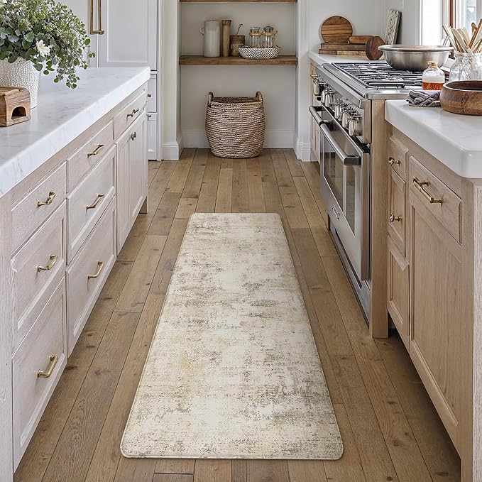 Kitchen Mats for Floor Set of 2 Anti Fatigue Waterproof Kitchen Rug Beige Grey Abstract Cushioned Non-Slip Kitchen Mats Comfort Standing Neutral Mat for Sink Laundry Office 17.3"×59"+17.3"×30"