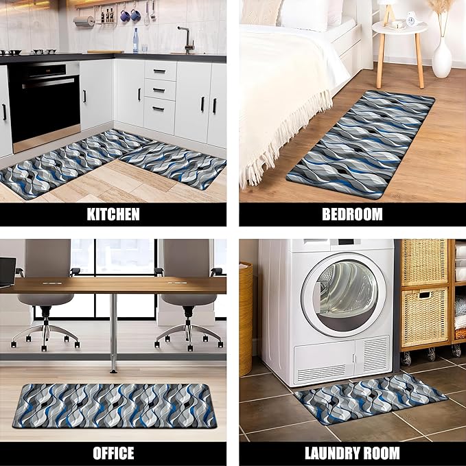 Kitchen Mats for Floor Modern Abstract kitchen rugs Grey and Blue Stripe Anti Fatigue Kitchen Mats Waterproof Floor Mats Cushioned Non-Skid Standing Mats for Kitchen, Set of 2,17.3 x 28+17.3 x 47
