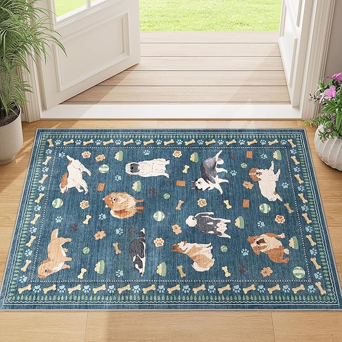 DUKINO 2x3 Entryway Rug, Washable Small Door Mat Indoor Entance Lightweight Area Rug with Non Slip, Low Pile & Non Shedding Animal Dog Throw Carpet for Kitchen, Bathroom, Bedroom, Kids Room, Blue