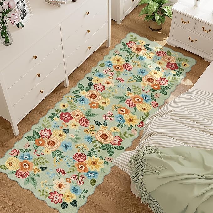 DUKINO 2x6 Runner Rug for Hallway, Washable Kitchen Rug with Non Slip Backing & Non-Shediing, Soft Low Pile Floral Design Runner for Bedroom, Kithchen, Living Room, Laundry, Bathroom, Green
